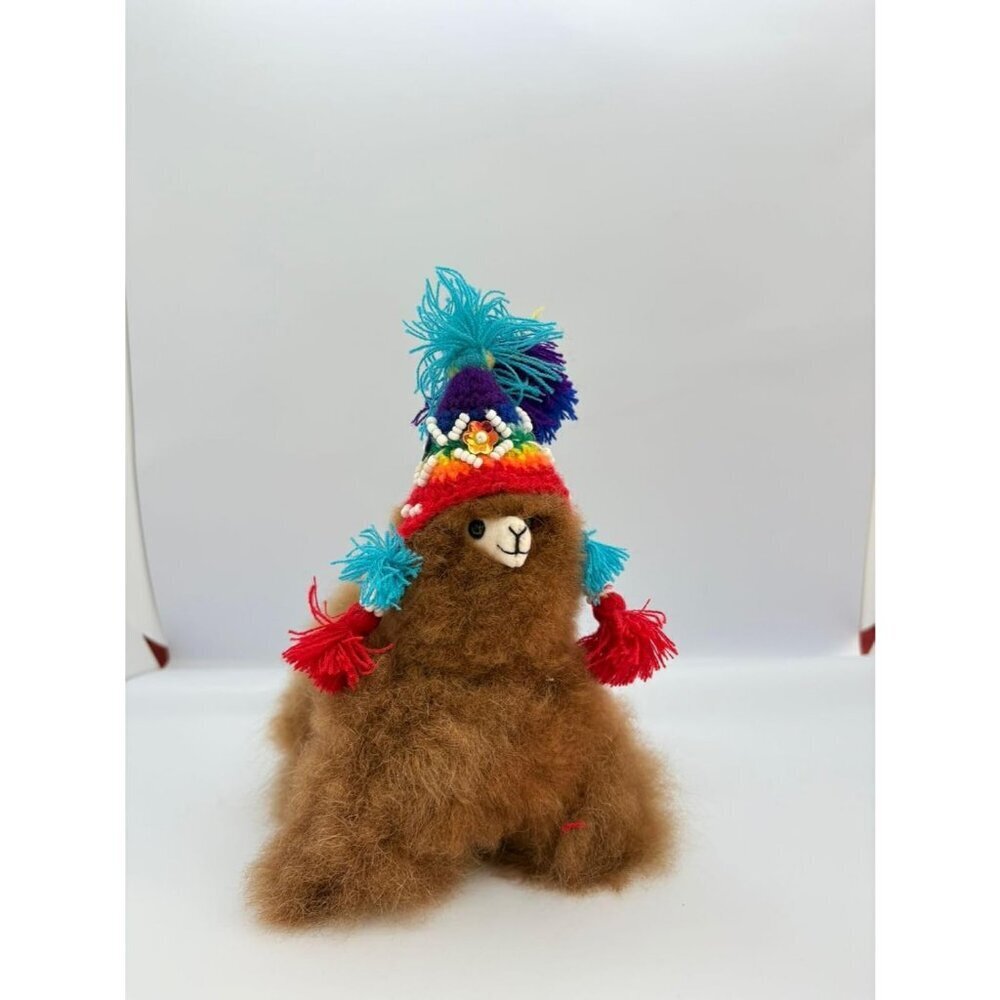 Classic and Cute Alpaca with Peruvian Style Beanie 6" Handmade Cute Stuffed - Picture 2 of 4